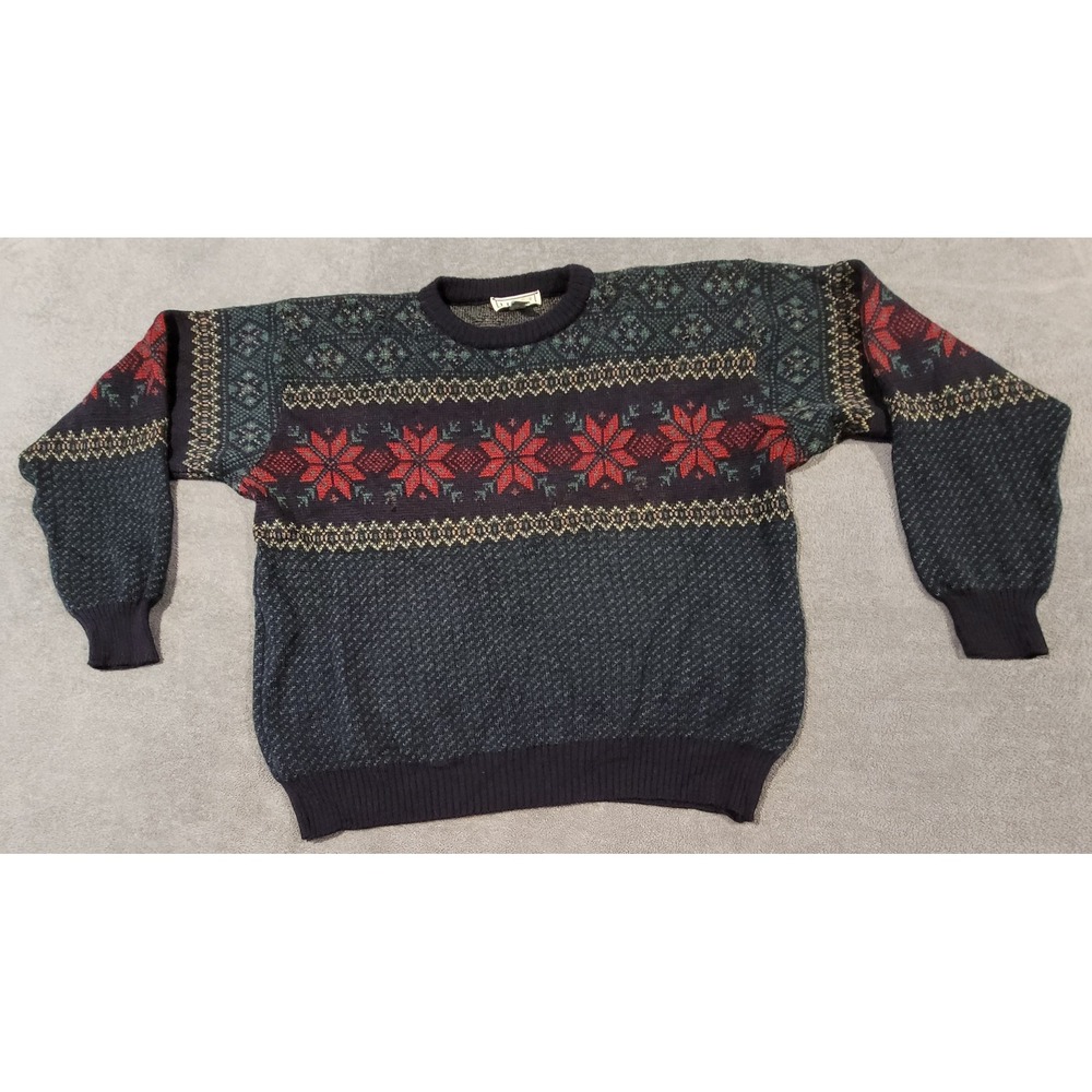 LL Bean Vintage Worsted Wool Fair Isle Snowflake Sweater Made in Ireland Mens L